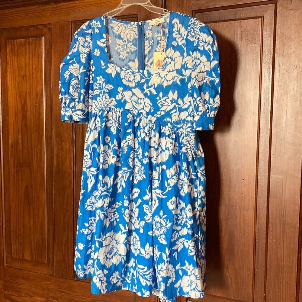 Entro New Floral Blue White Short Puff Sleeve Mini Dress Size L Lined Cotton